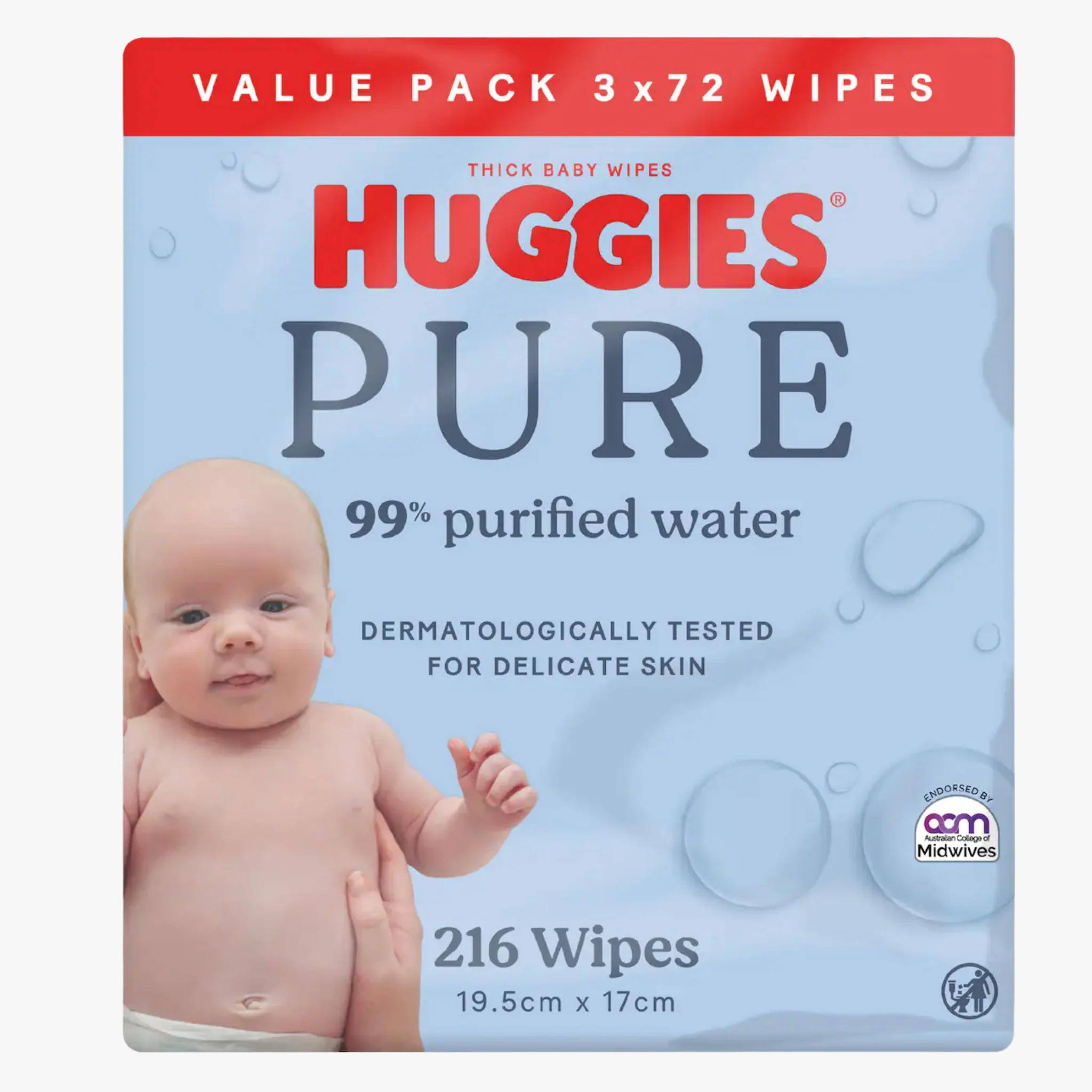 Pure 99% Purified Water Baby Wipes 216 Wipes - Huggies