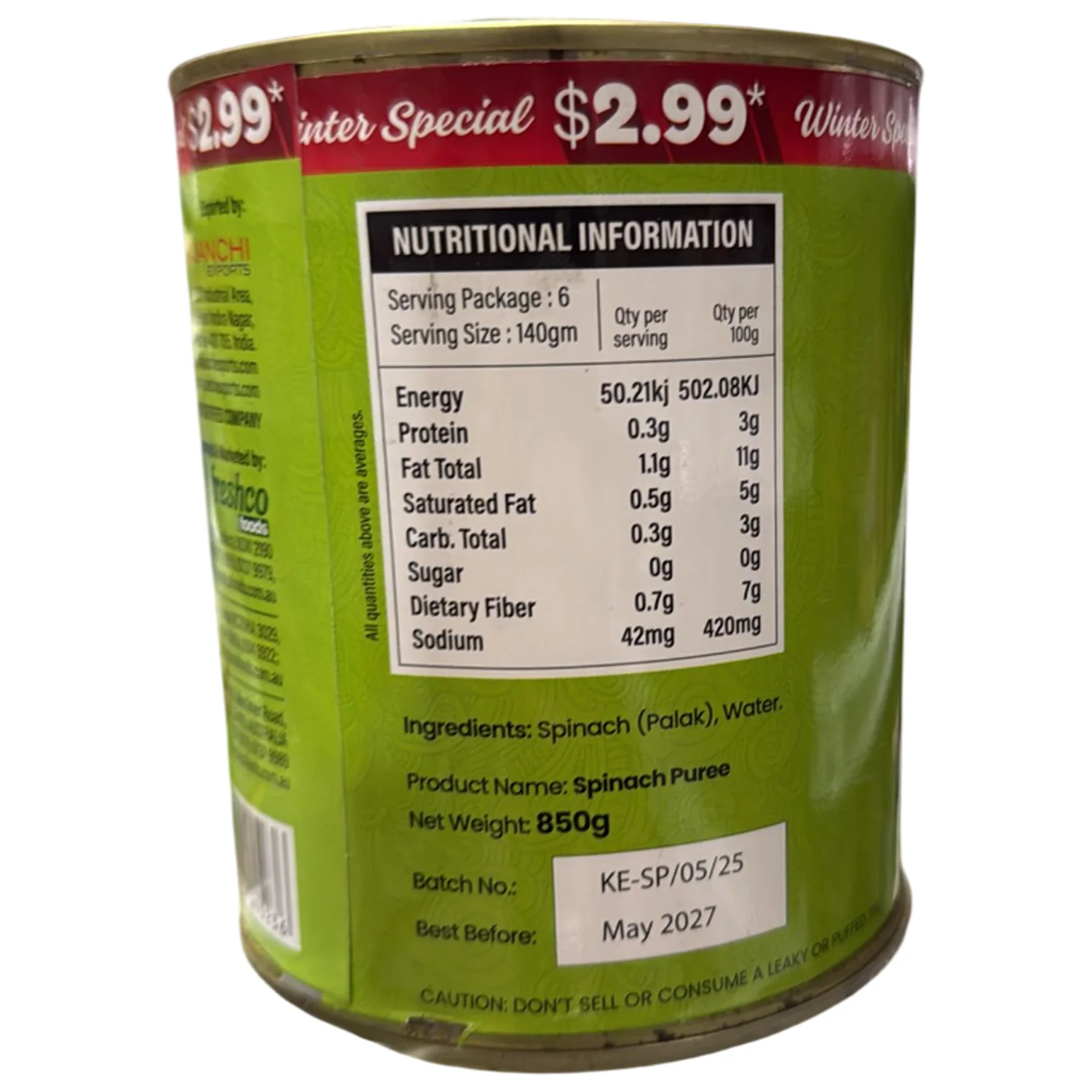 Spinach Puree 850g- Uttam - Image 2